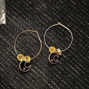 Gold Tone and Black Crescent Moon Hoop Earrings